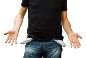 man showing his empty pocket, turning his pocket inside out, no money